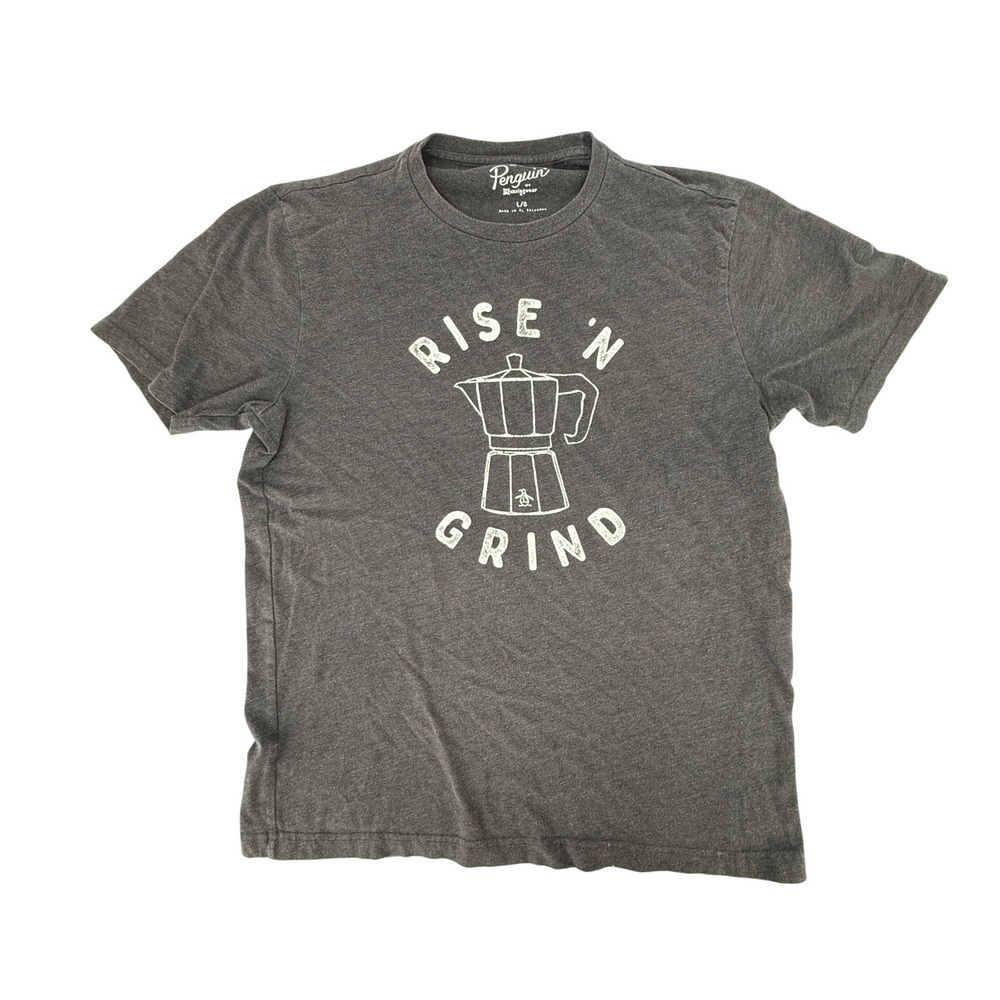 Original Penguin Rise N Grind Coffee Moka Pot Graphic T-Shirt Large Gray Coffee